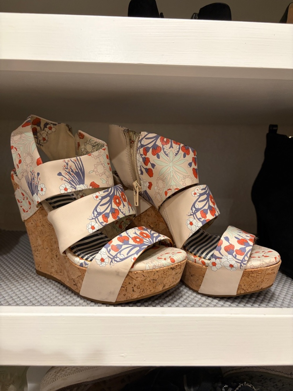 Gianni Bini Beige Floral Cork Wedge Sandals
